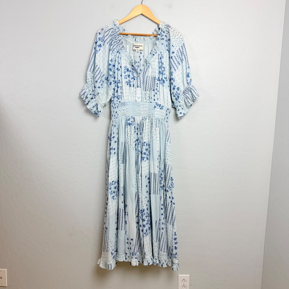 JESSAKAE Blue Patchwork Floral Smocked Midi Dress XL Cottagecore Puff Sleeve